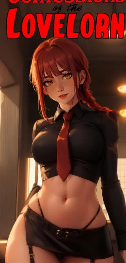 Anime character with red hair in stylish attire, under dynamic lighting.