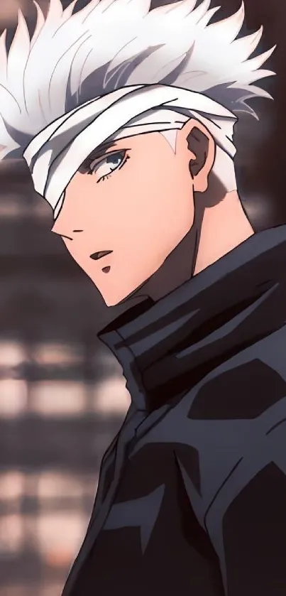 Anime character in a sleek black outfit with white hair on a dark background.