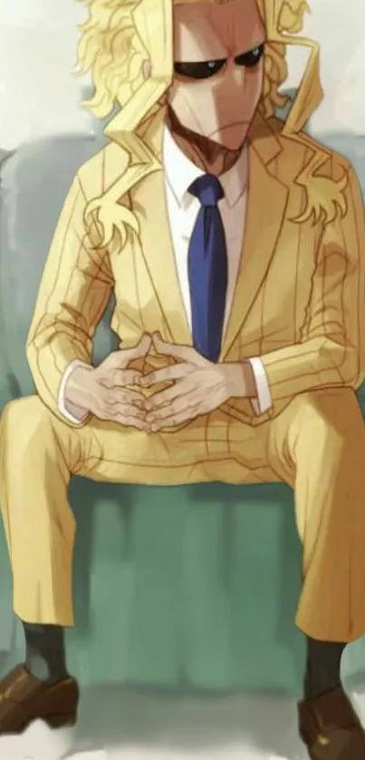 Anime character in yellow suit sitting on a teal sofa.