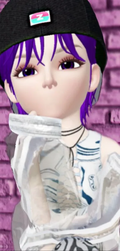 Anime character with purple hair and trendy outfit against pink wall.