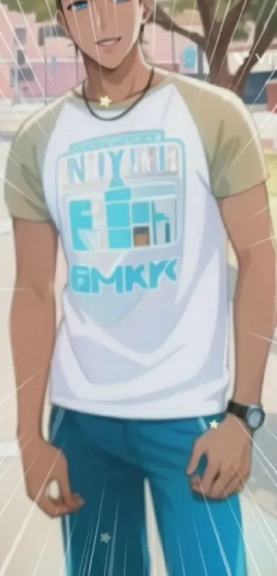 Anime character with urban backdrop, stylish and vibrant design.