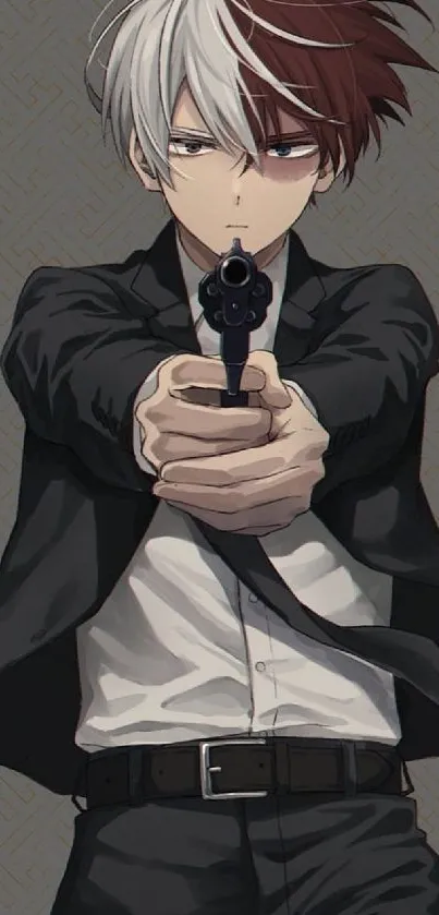 Anime character in suit holding a gun.