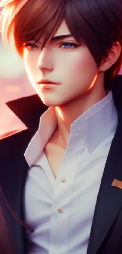 Stylish anime character in a suit with vibrant lighting effects.