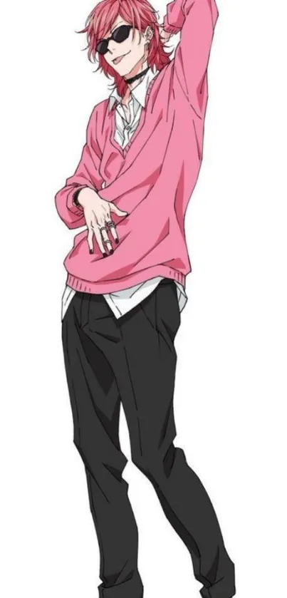 Anime character with pink sweater and sunglasses in stylish pose.