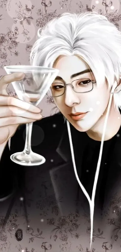 Anime character holding a glass with a stylish background.