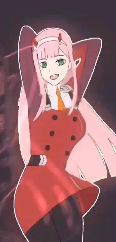 Anime character with red outfit set against a dynamic background.