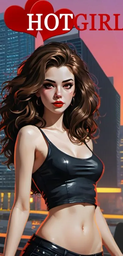 Anime-inspired girl in cityscape with orange skyline.