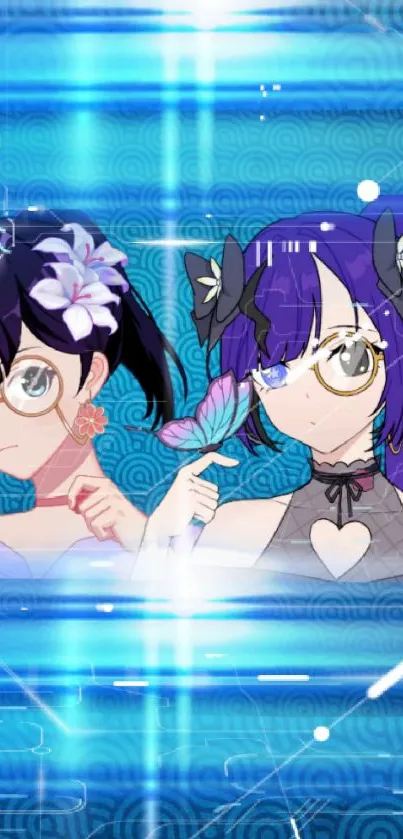 Anime duo in blue tones with floral accents.