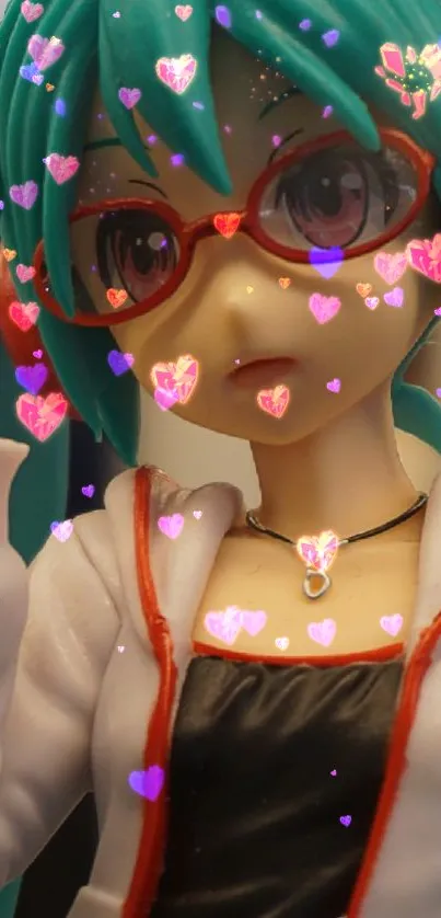 Anime figure with teal hair, headphones, and red glasses.