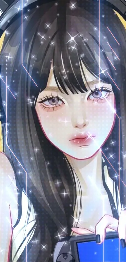 Anime girl with headphones and gaming device on yellow background.