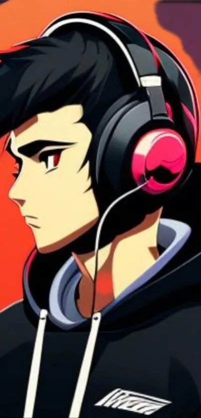 Anime character with headphones on vibrant orange background.