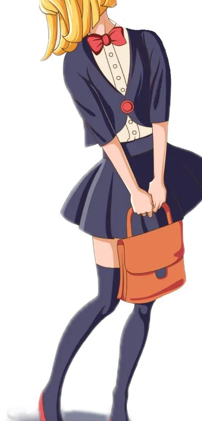 Stylish anime girl in navy blue outfit with red accents.