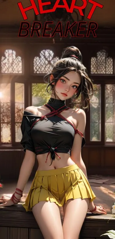 Anime girl sits stylishly in vibrant room with sunlight filtering through windows.