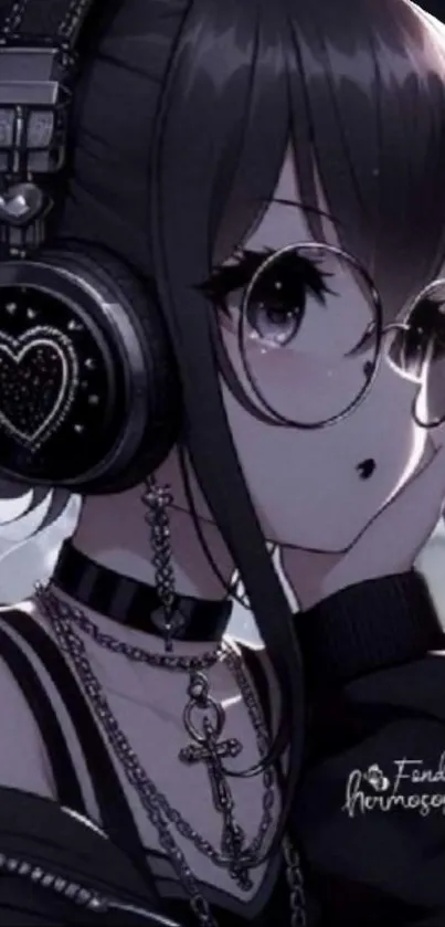 Stylish anime girl with headphones and glasses.