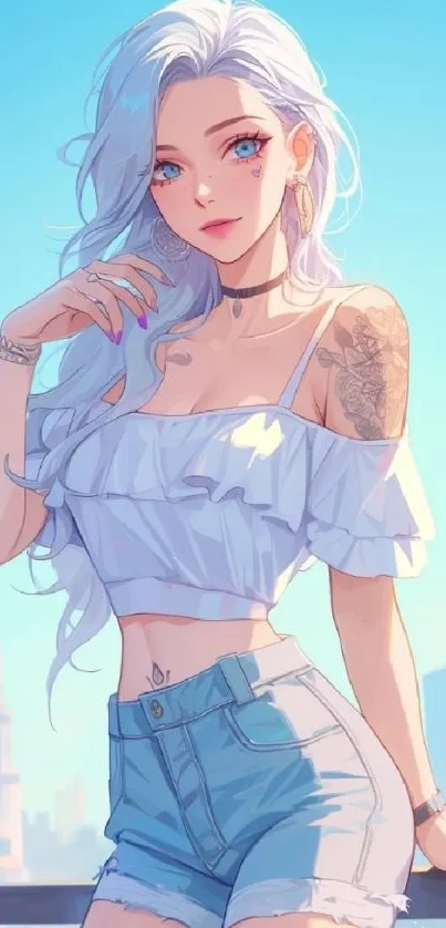 Anime girl with tattoos in stylish outfit against a sunny backdrop.