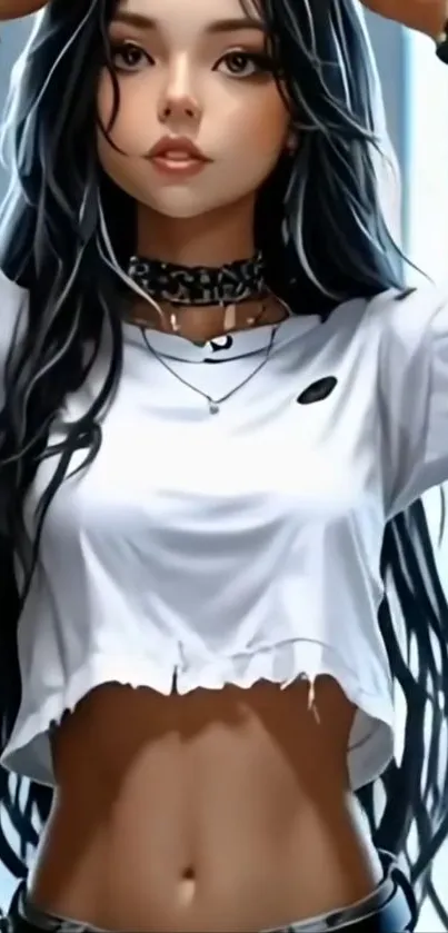 Anime girl with stylish outfit and long black hair.