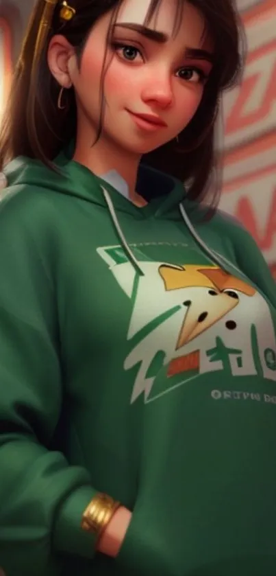 Anime girl in green hoodie, stylish wallpaper