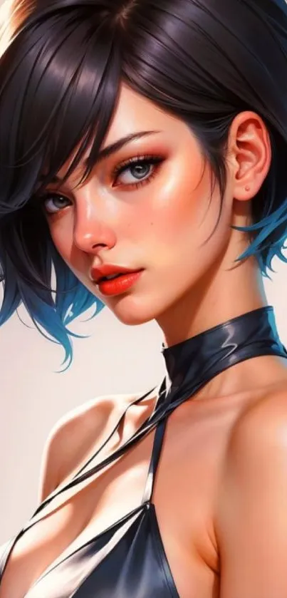 Stylish anime girl with dark hair and red lips.
