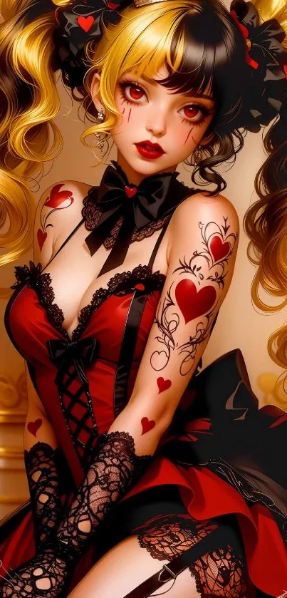 Anime girl in red and black attire with intricate designs.