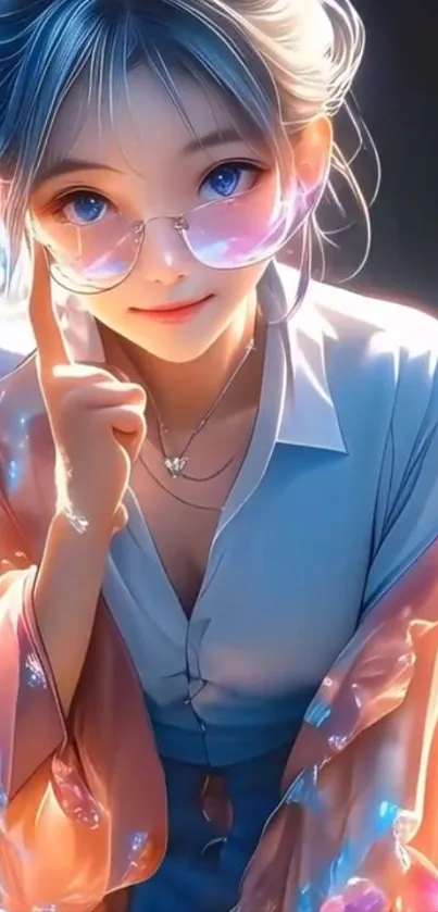 Stylish anime girl with vibrant colors and glasses in digital artwork.