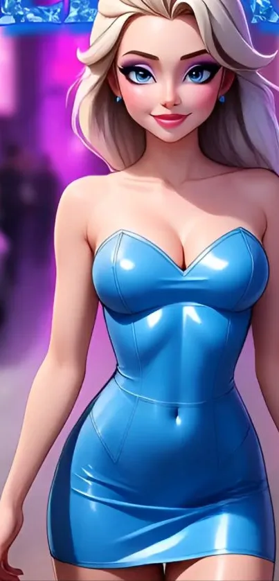 Anime girl in a vibrant blue dress on a lively background.