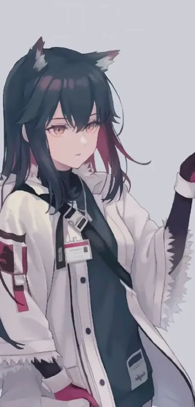 Anime girl with dark hair in a white coat wallpaper.