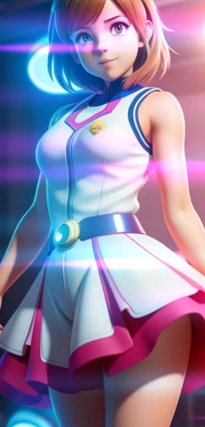 Anime girl with stylish outfit and neon lights.