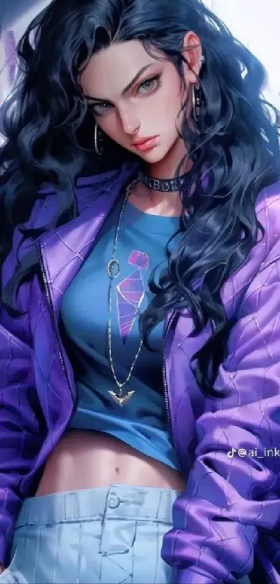 Anime girl with purple jacket and blue top illustration.