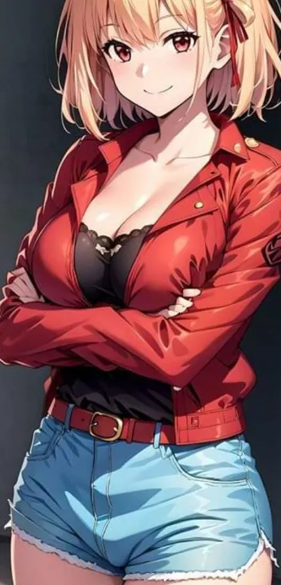 Anime girl with red jacket, stylish phone wallpaper.