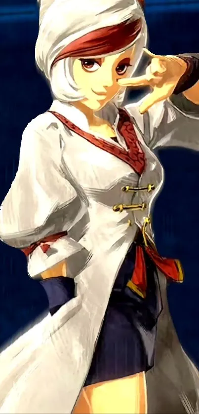 Anime girl in stylish outfit, dynamic pose on navy background.