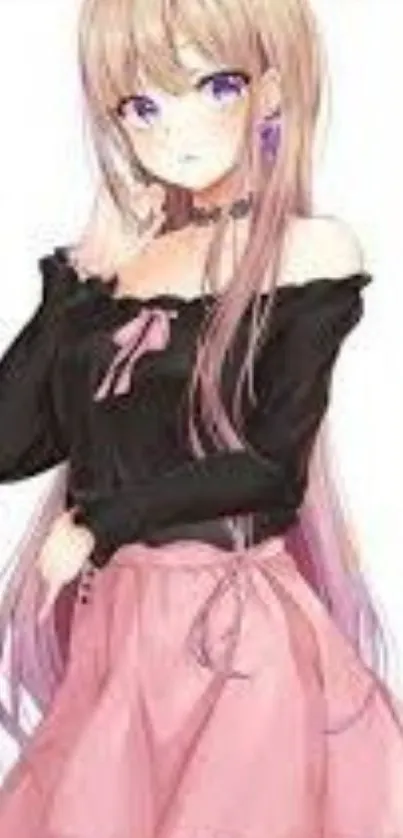 Chic anime girl with pink skirt and black top on a stylish wallpaper.