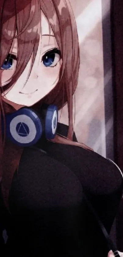 Anime girl with headphones in stylish design, perfect for mobile wallpaper.