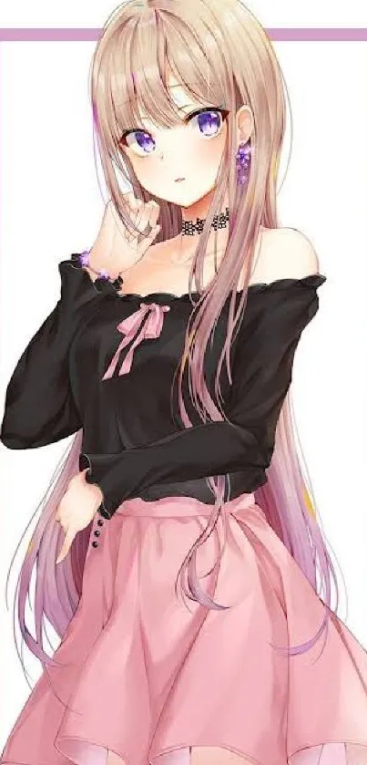 Anime girl in black top and pink skirt.