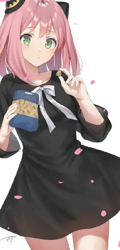 Anime girl with pink hair holding sweets.