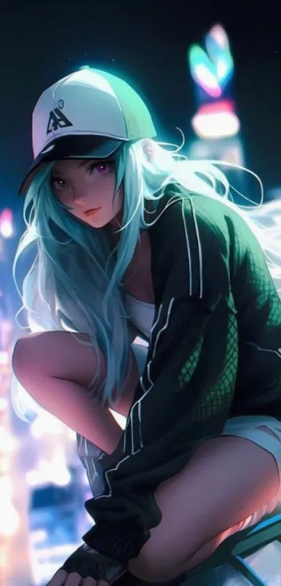 Anime girl with cap in vibrant cityscape.