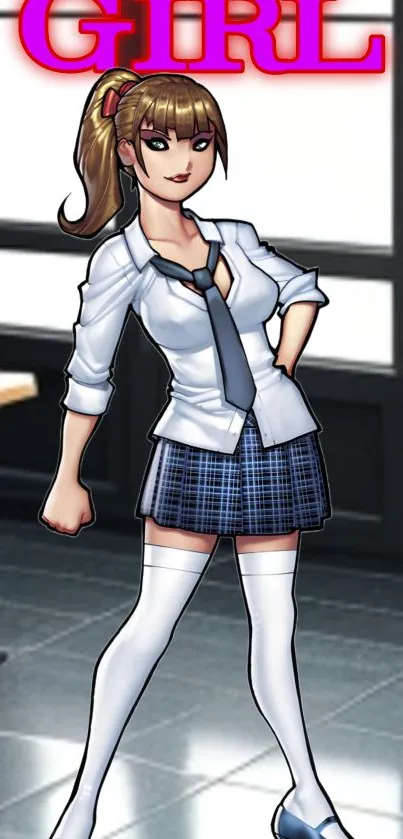 Anime girl in school uniform with dark background.