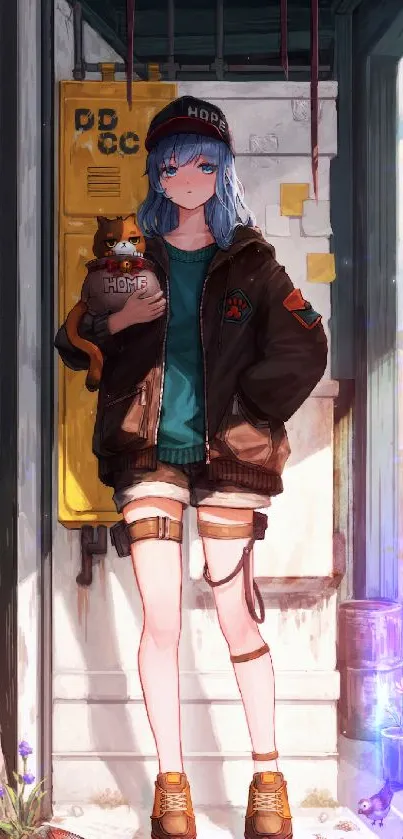 Anime girl with blue hair and teddy bear in an urban setting.