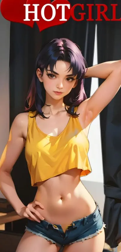 Anime girl with yellow top in stylish mobile wallpaper.