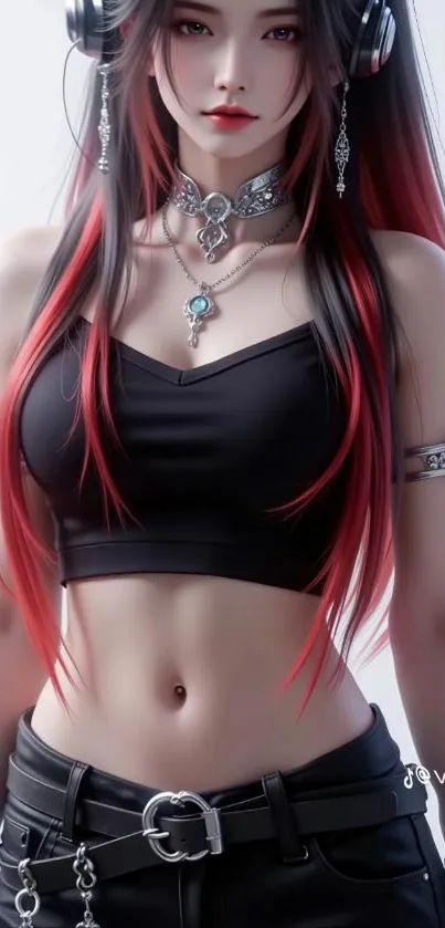 Anime girl with headphones and red highlights.