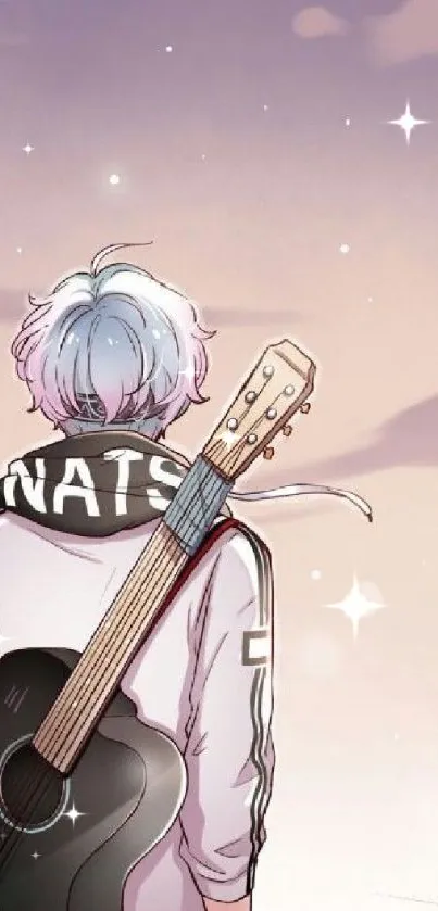 Anime character stands with guitar under pastel sky.