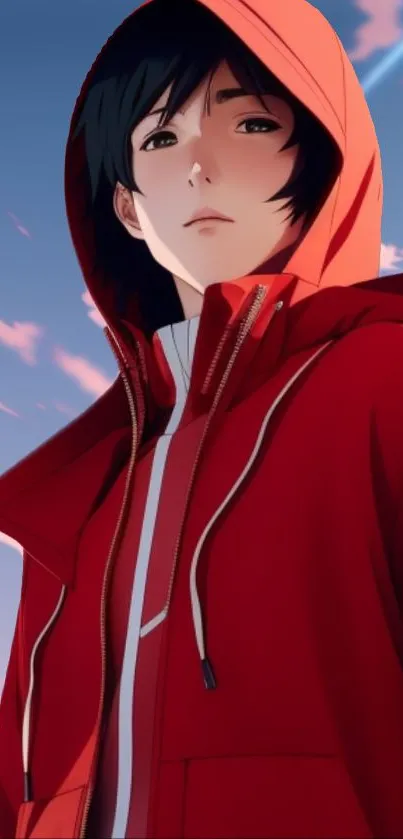 Anime character in a red hoodie with a serene sky background.