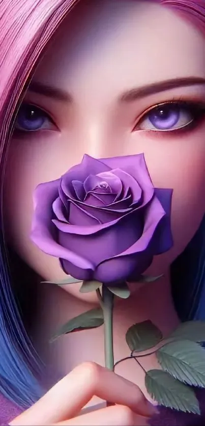 Anime lady holding a purple rose with vibrant colors.