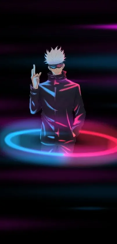 Anime character with neon rings on black background.