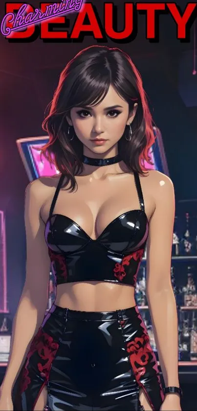 Anime-inspired nightlife scene with fashion-forward character.