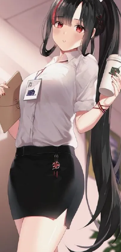 Anime character with dark hair in office attire holding coffee.