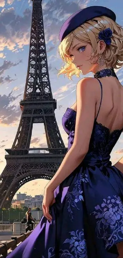 Anime girl in elegant dress with Eiffel Tower backdrop