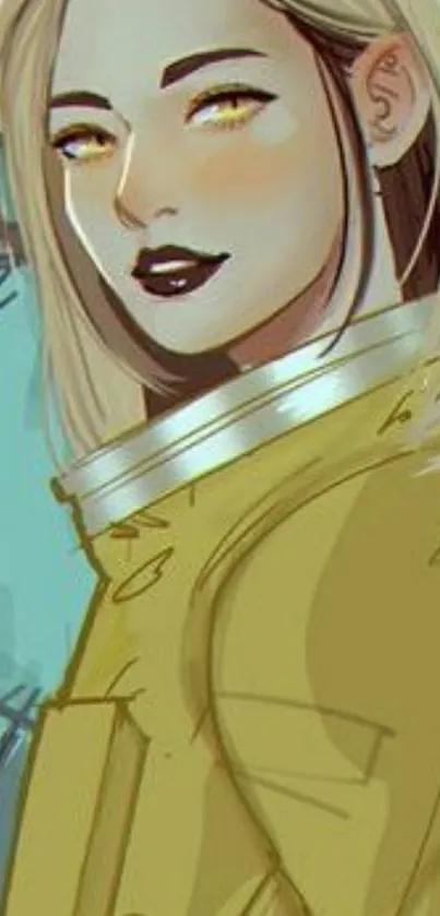 Anime portrait with blonde hair and golden eyes in mustard outfit.