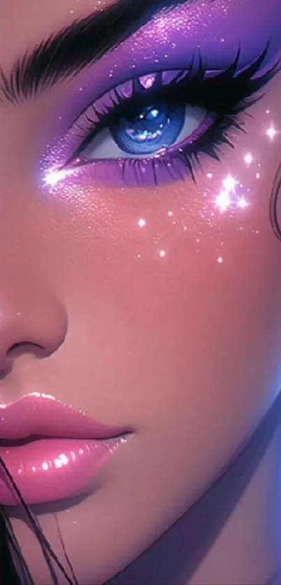 Anime-style woman with purple eye shadow and sparkles on her face.