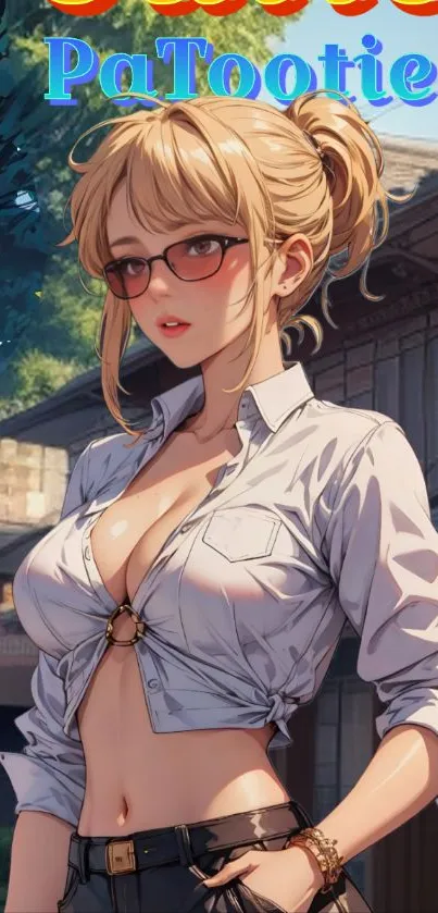 Anime character in urban street with vibrant colors.