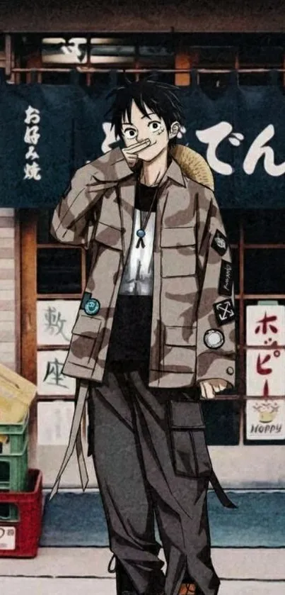 Anime character standing in urban street scene.